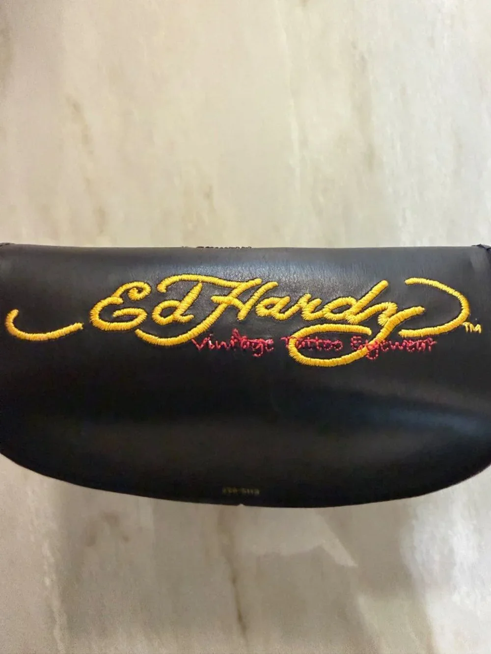 Ed Hardy Vintage Tattoo-Inspired Black Leather Glasses Case  Embroidered Rose &